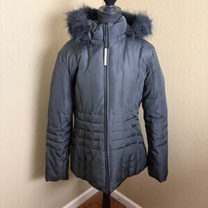 Calvin Klein Black Down Feather Puffer Jacket Faux Fur Hood Women’s L/G